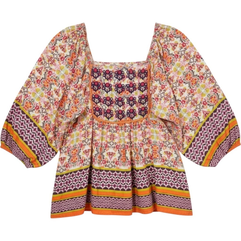 Ivy Jane Womens Boho Smocked Back Balloon Sleeve Cotton Blouse Orange Purple S